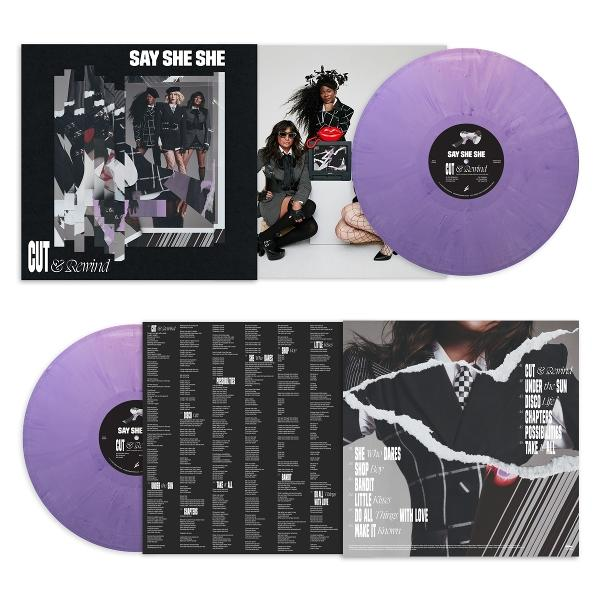 Albumcover mit "Say She She" und "Cut & Rewind". Mit Bandmitgliedern und einer lila Vinylplatte. Texte und Titelliste sind sichtbar.