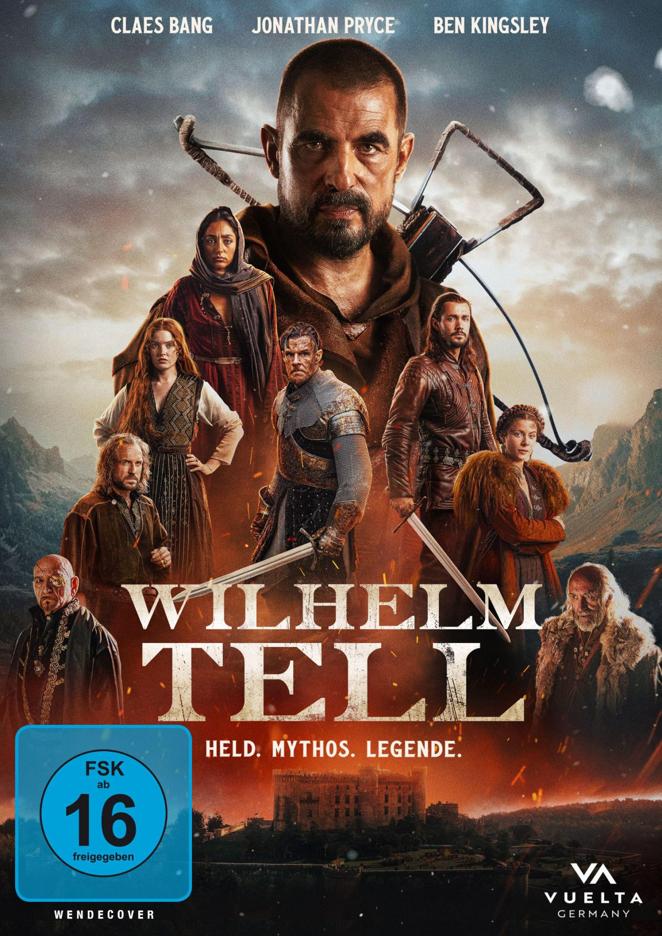Filmplakat für Wilhelm Tell. Zeigt Schauspieler mit Schwertern, Bögen und einer Burg im Hintergrund. Text enthält Namen der Schauspieler und Titel.