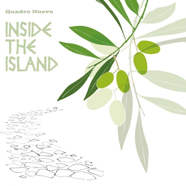 Illustration: Grüner Olivenzweig mit Oliven, Text 'Inside the Island' und ein Steinweg auf weißem Hintergrund.