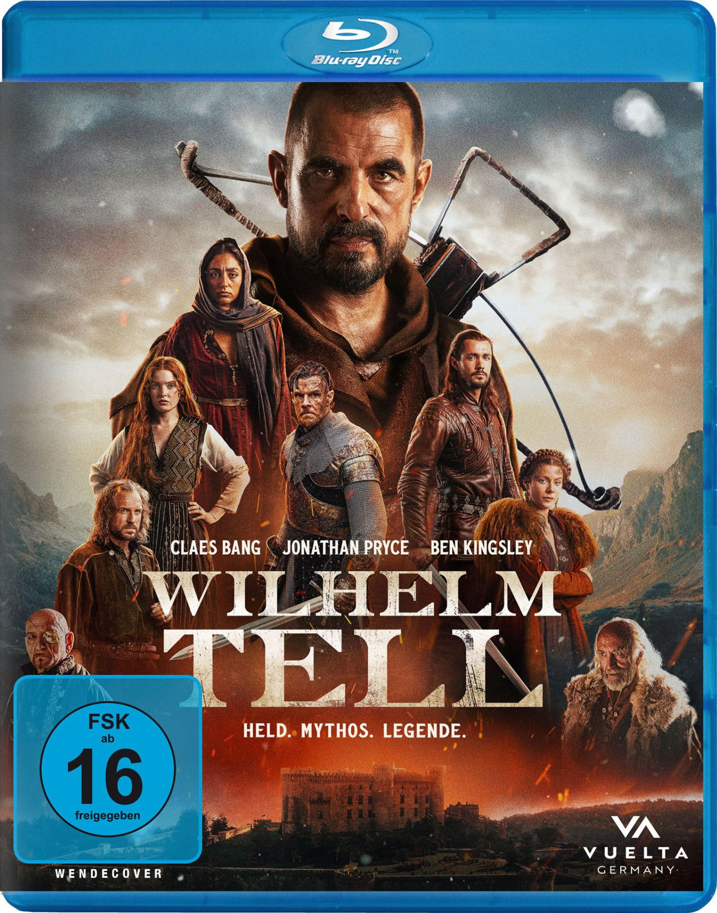 Blu-ray-Cover für Wilhelm Tell. Mit Schauspielern, Pfeil und Bogen sowie einer Burgszene. Blaue Disc-Hülle mit Bewertungssiegel.