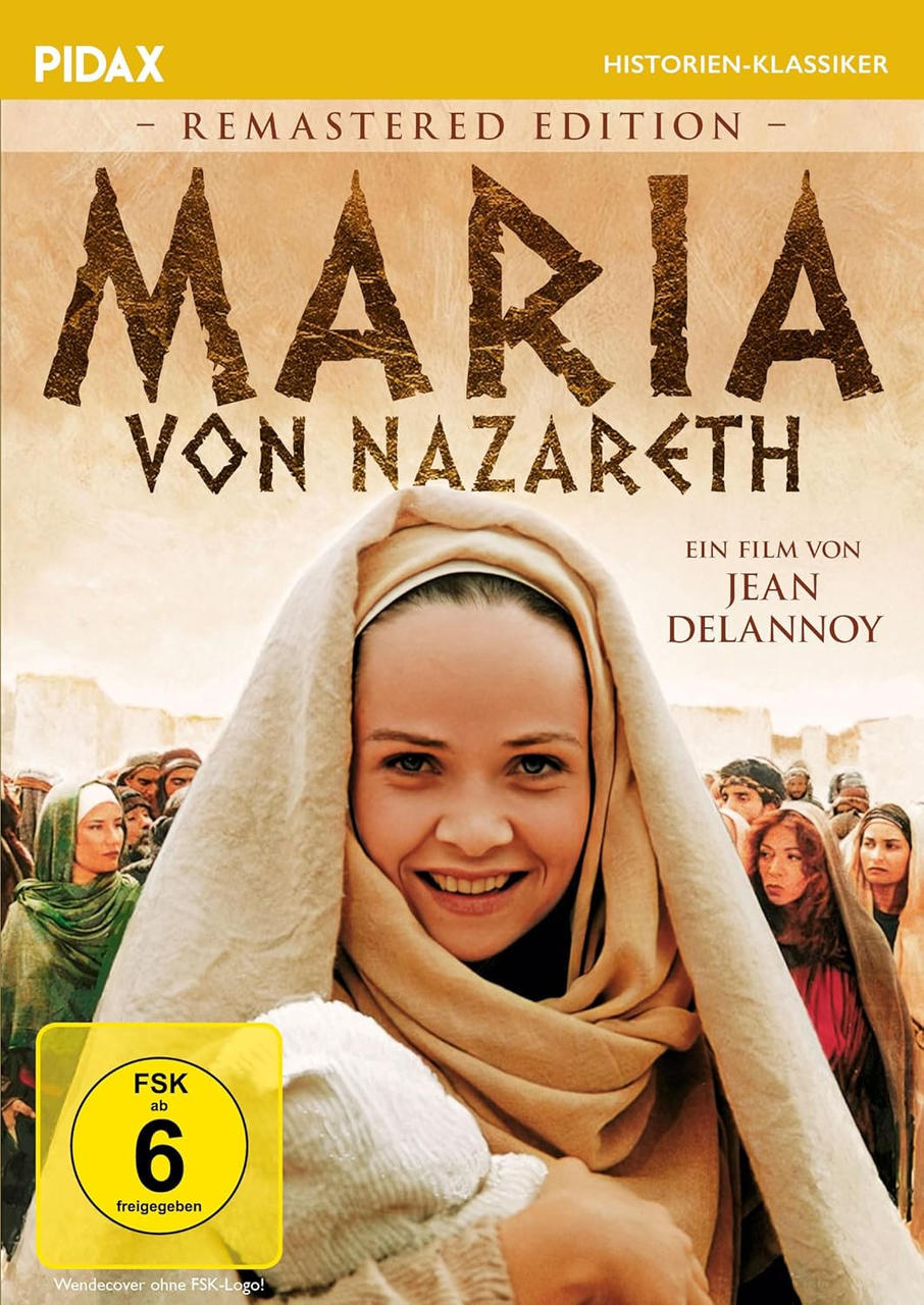 Filmposter von Maria von Nazareth. Eine Frau mit Kopftuch lächelt. Text lautet: Maria von Nazareth. Eine Menge ist im Hintergrund.