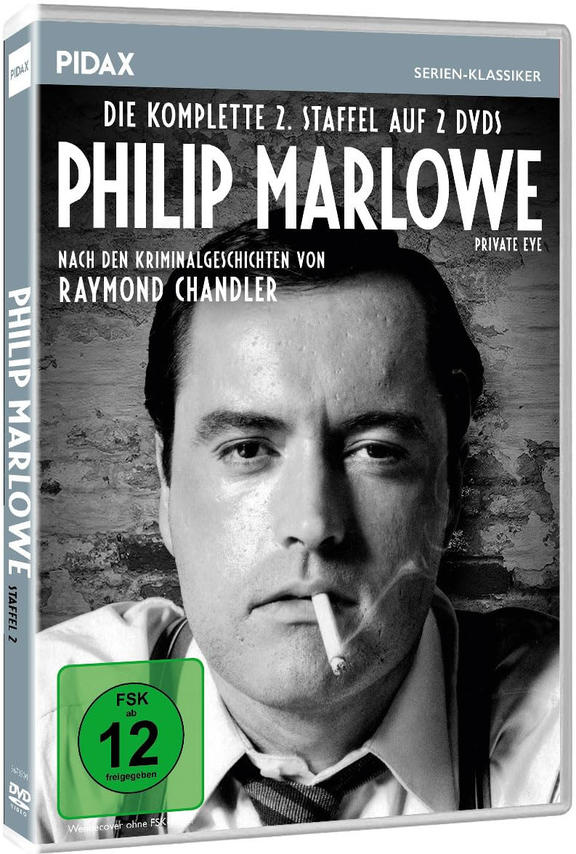 DVD-Cover. Schwarz-Weiß-Foto eines rauchenden Mannes. Titel: Philip Marlowe, Staffel 2. Bewertung: FSK ab 12.