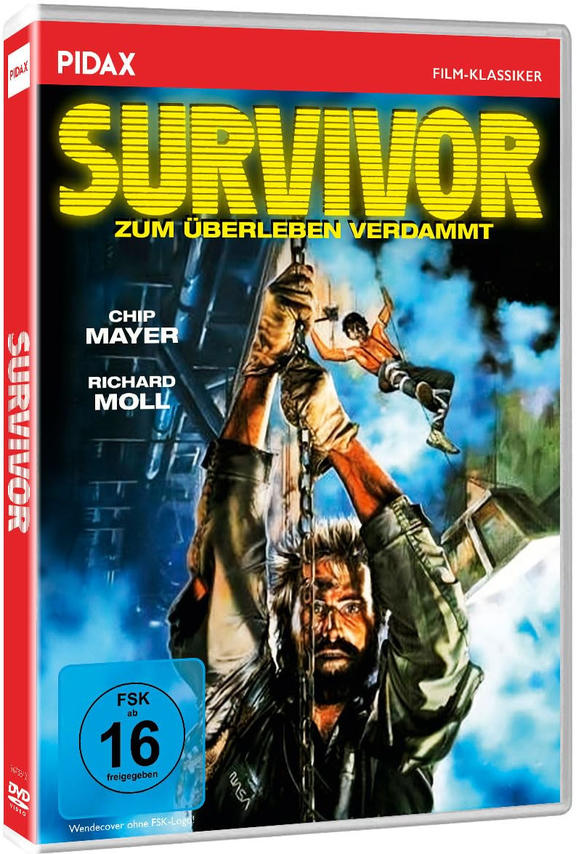 DVD-Cover von 'Survivor'. Mann hängt an Ketten, ein anderer fällt. Gelber Titel 'SURVIVOR'. FSK 16 Aufkleber.