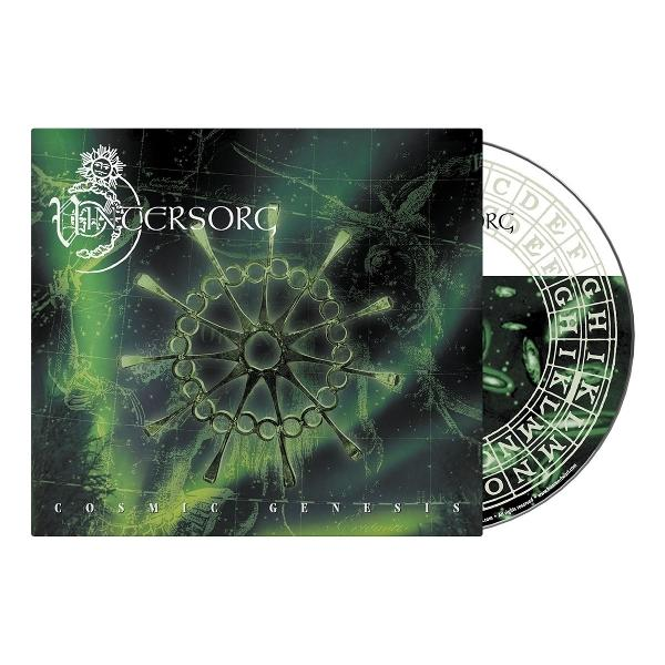 CD-Cover mit grünem kosmischem Design, sternförmiger Form und Bandname. CD rechts sichtbar, mit Buchstaben.