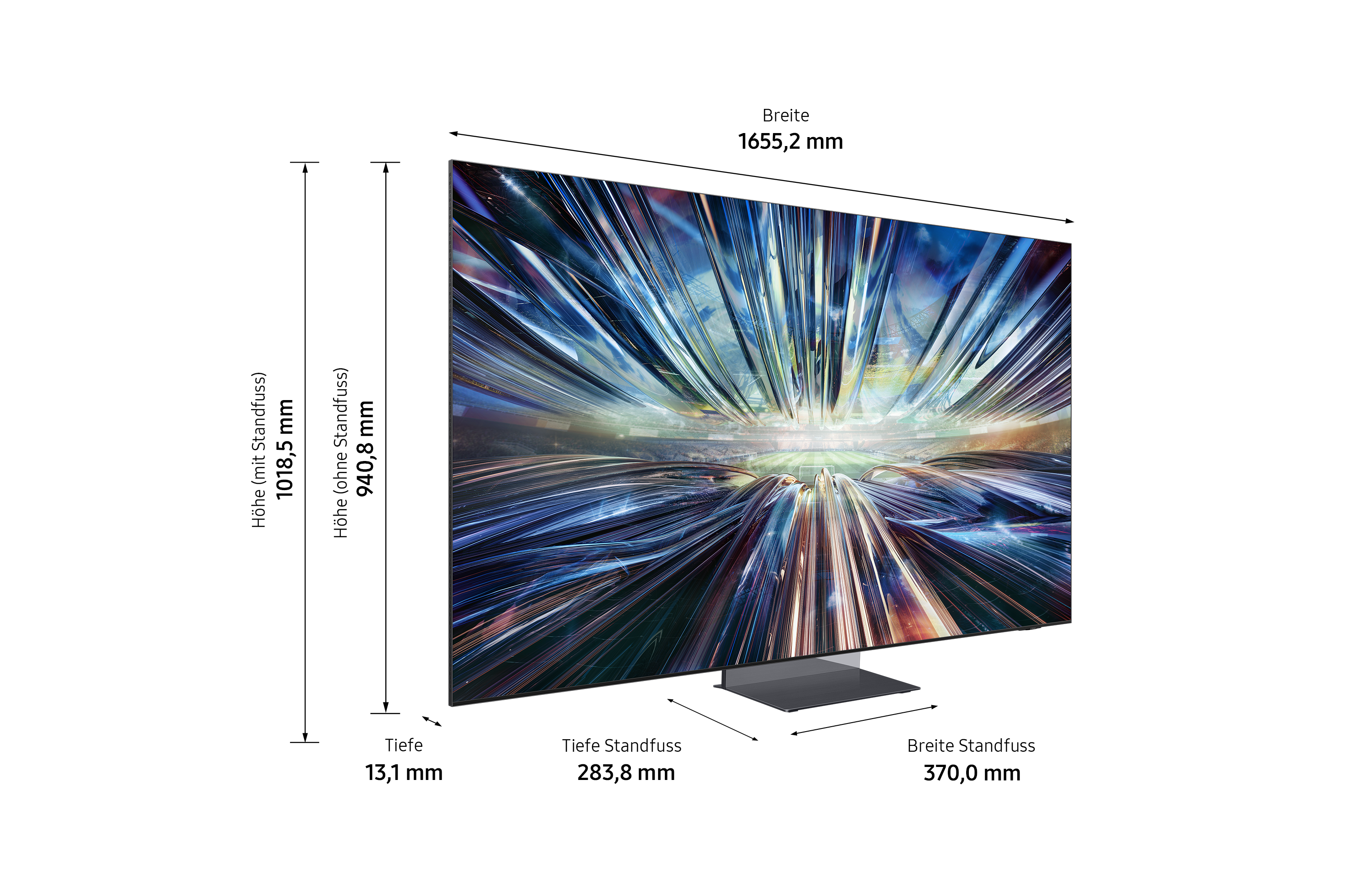Un grand téléviseur affiche un design futuriste. Les dimensions et mesures sont affichées autour du téléviseur.