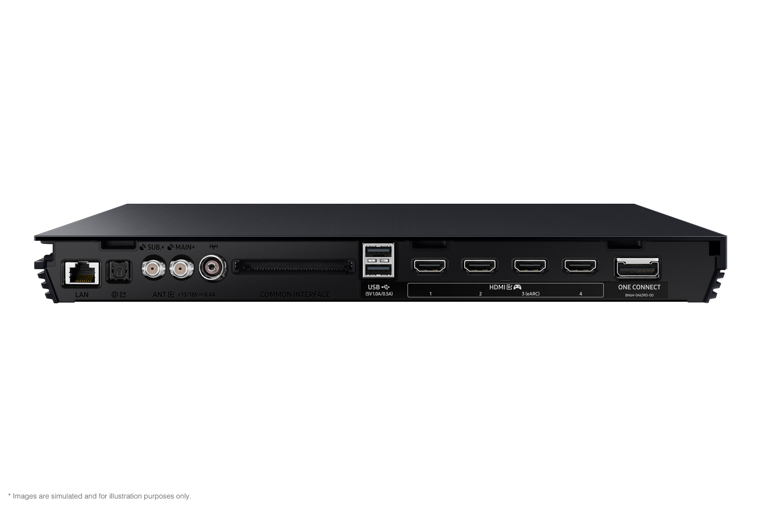 Panneau arrière noir avec ports: LAN, antenne, USB, HDMI et un port 'One Connect'.