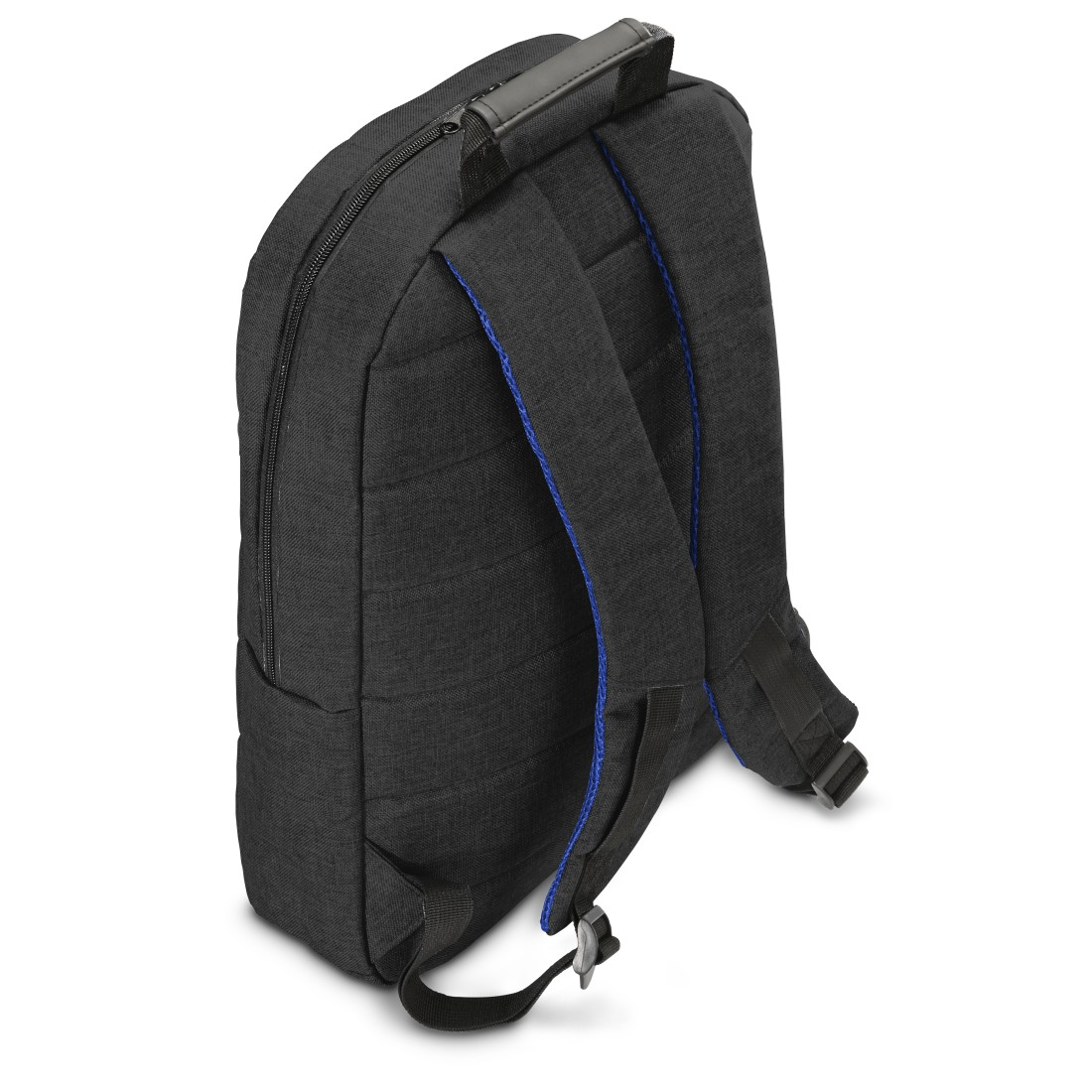 Schwarzer Rucksack mit blauem Besatz, Griff oben und verstellbaren Trägern. Reißverschlussdetail, vor weißem Hintergrund.