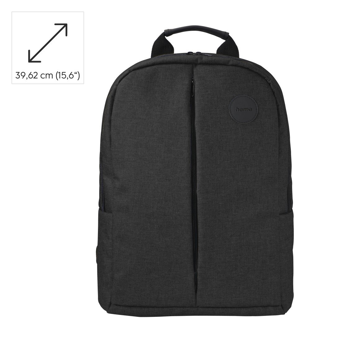 Ein schwarzer Rucksack mit Griff und Reißverschluss. Er hat ein kleines 'hama'-Logo. Die Größe beträgt 39,62 cm (15,6 Zoll).
