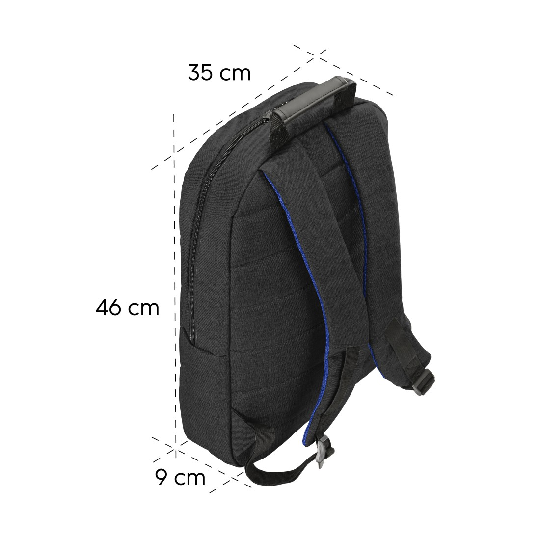 Schwarzer Rucksack mit blauen Zierleisten, Maße: 46cm Höhe, 35cm Breite und 9cm Tiefe, mit Griff und Schultergurten, auf weißem Hintergrund.