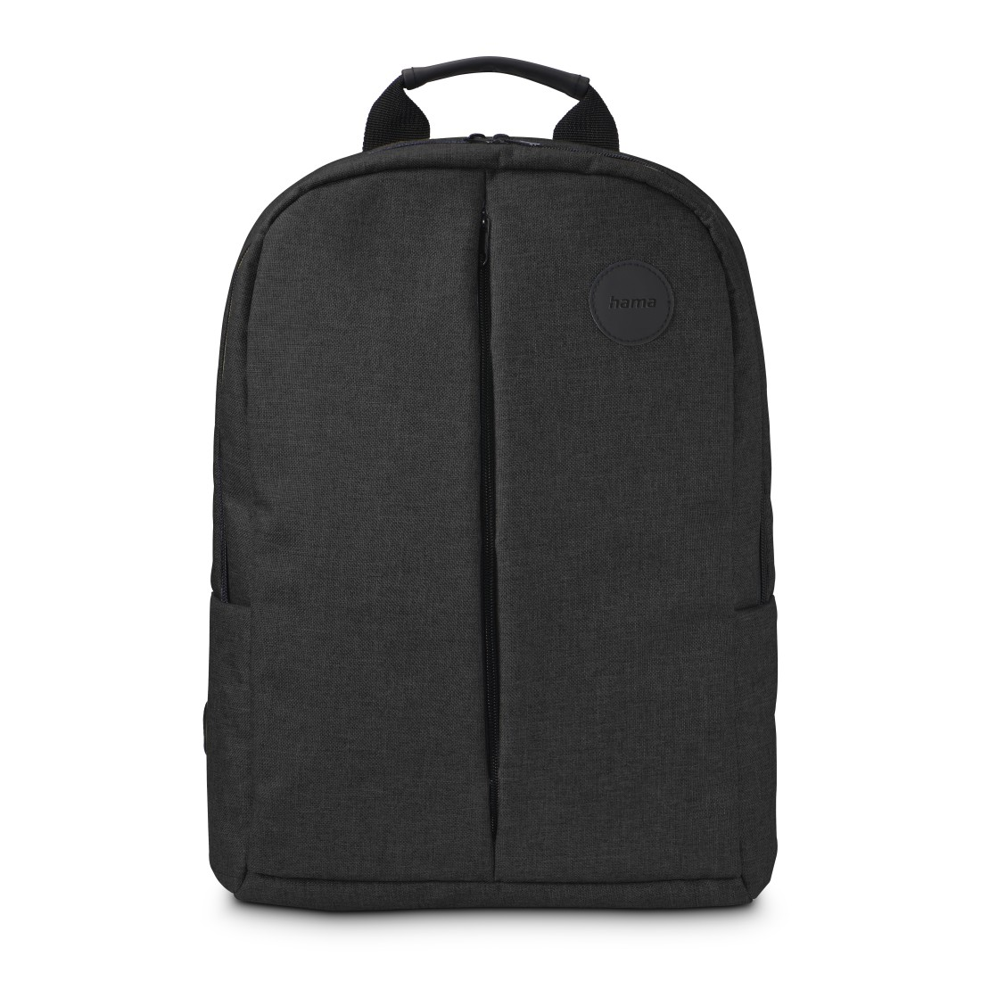 Ein dunkelgrauer Rucksack mit Henkel und Reißverschluss. Der Markenname 'hama' ist auf der Vorderseite.