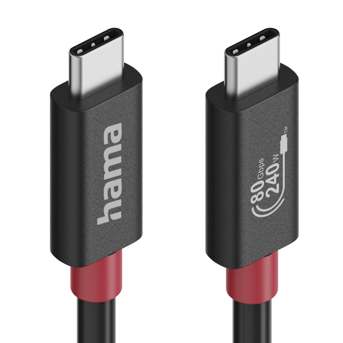 Zwei schwarze USB-C-Kabel mit roten Akzenten. Ein Kabel zeigt den Text 'hama'. Das andere zeigt '80 Gbit/s 240W'.