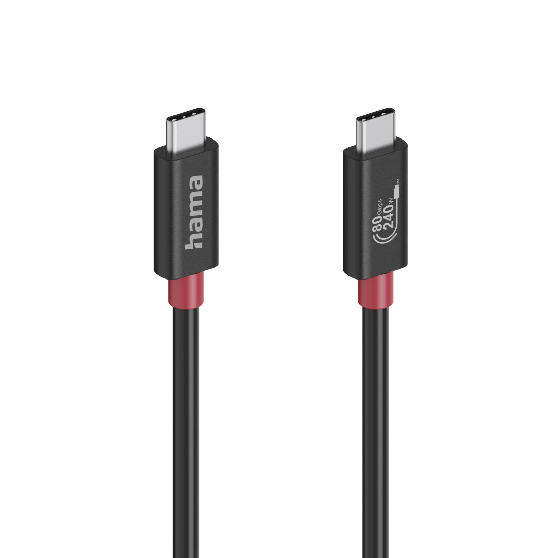 Zwei schwarze USB-C-Kabel. Jedes hat einen schwarzen Stecker mit roter Akzent. Eines sagt 'hama', das andere hat Leistungsspezifikationen.