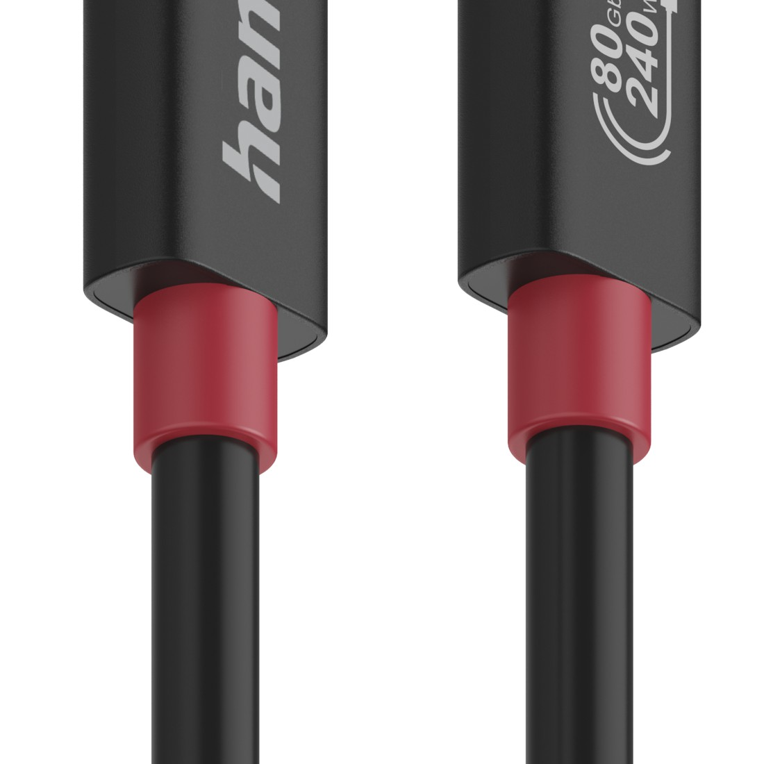 Zwei schwarze Kabel mit roten Steckern werden gezeigt. Die Stecker sind an schwarzen Kabelkörpern befestigt. Ein Kabel hat den Markennamen.