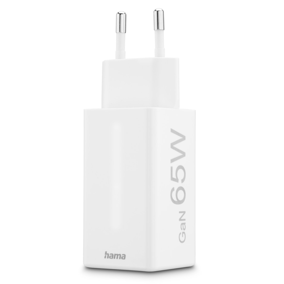 Ein weißes Hama 65W GaN-Ladegerät. Es hat oben zwei silberne Stifte, und der Markenname steht unten.