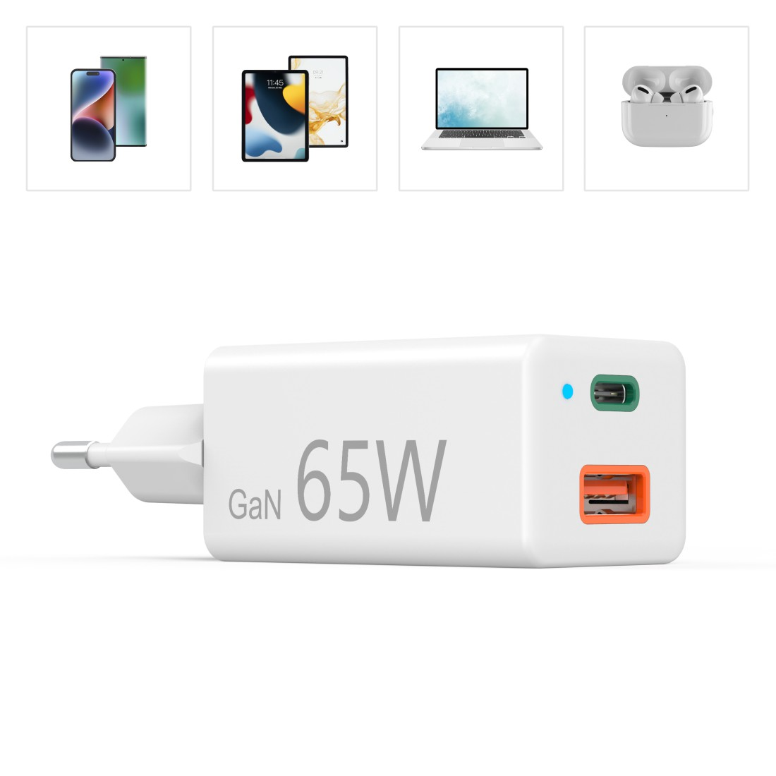 Weißes Ladegerät mit "GaN 65W" Text. Oben sind Telefone, Tablets, ein Laptop und Ohrhörer.