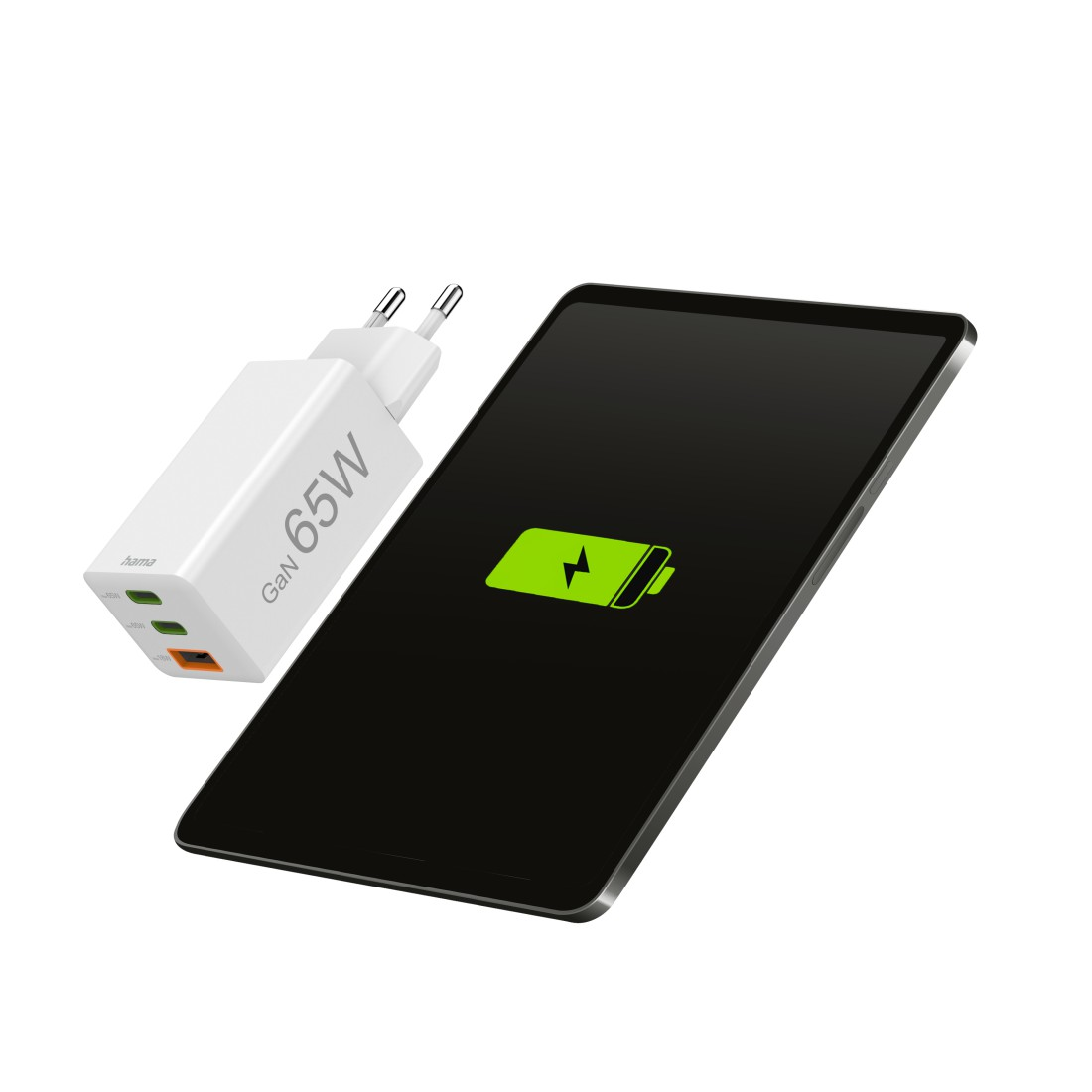 Ein weißes GaN 65W-Ladegerät neben einem schwarzen Tablet mit einem grünen Ladesymbol.