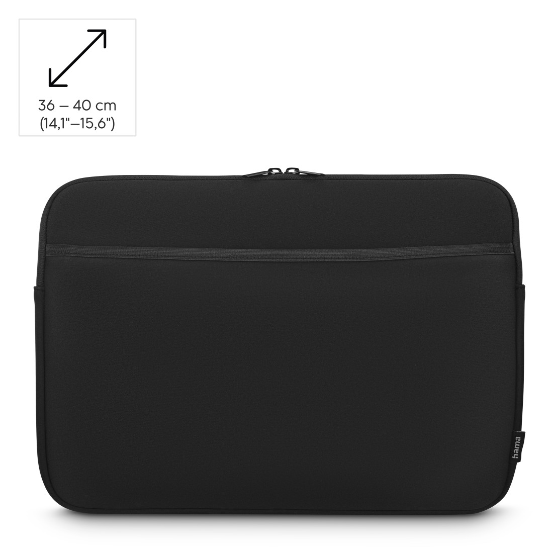 Eine schwarze Laptoptasche mit Reißverschluss. Text zeigt die Größe 36-40 cm (14,1-15,6 Zoll). Der Markenname 'hama' ist sichtbar.