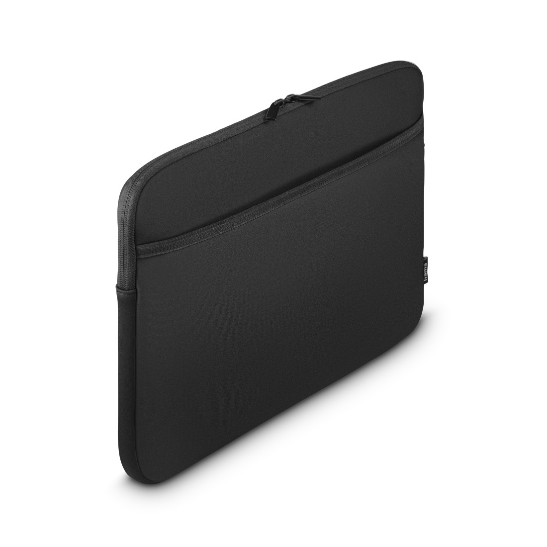 Eine schwarze Laptoptasche mit Reißverschluss. Sie hat ein schlichtes Design und liegt auf einer weißen Oberfläche. Die Tasche ist neu.