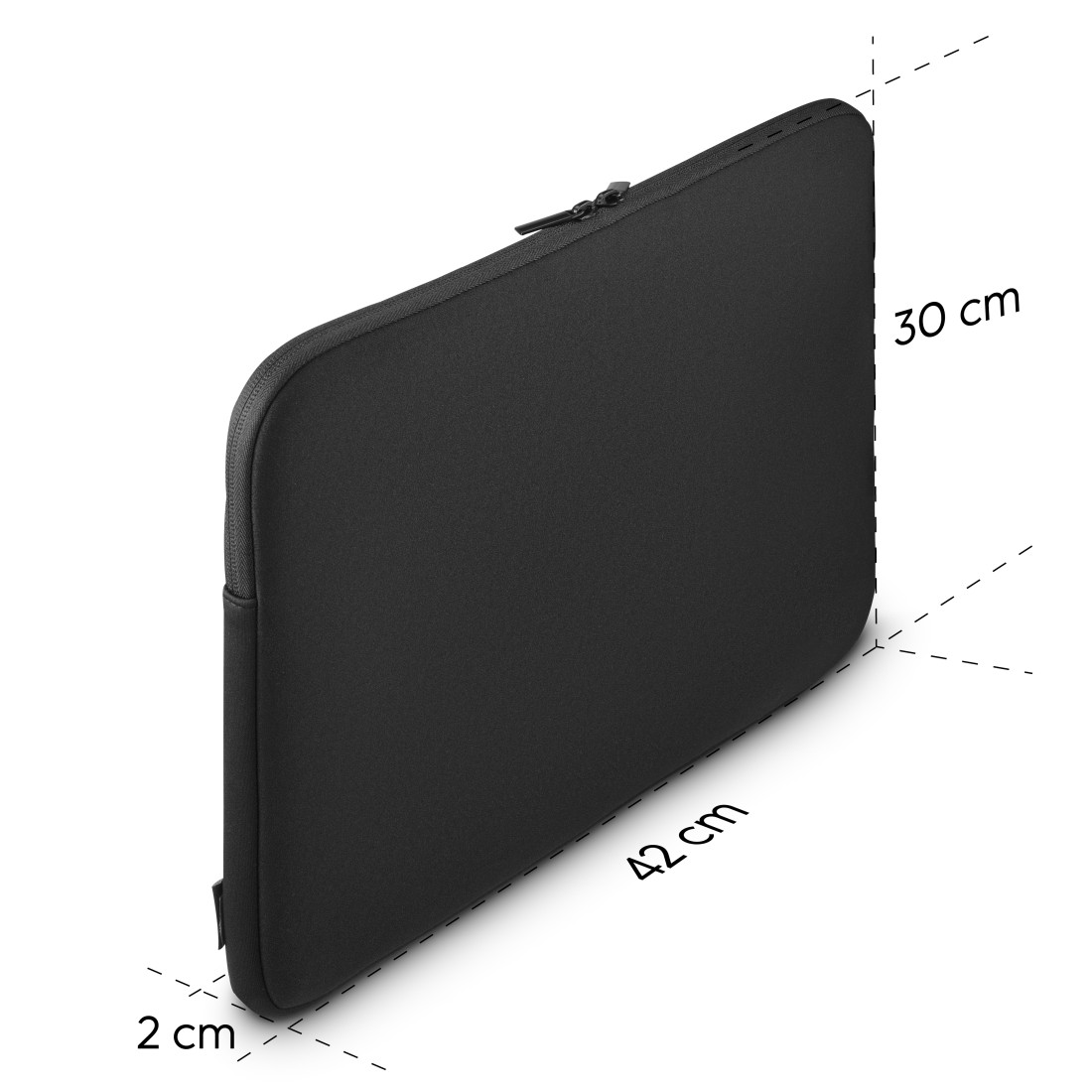 Schwarze Laptoptasche mit Reißverschluss, Maße sind 42 cm x 30 cm x 2 cm. Weißer Hintergrund. Maße durch gestrichelte Linien gekennzeichnet.