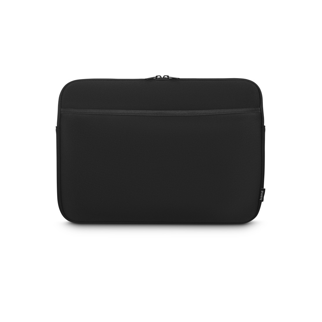 Eine schwarze Laptoptasche auf weißem Hintergrund. Sie hat einen Reißverschluss und eine kleine Tasche. Der Markenname ist sichtbar.