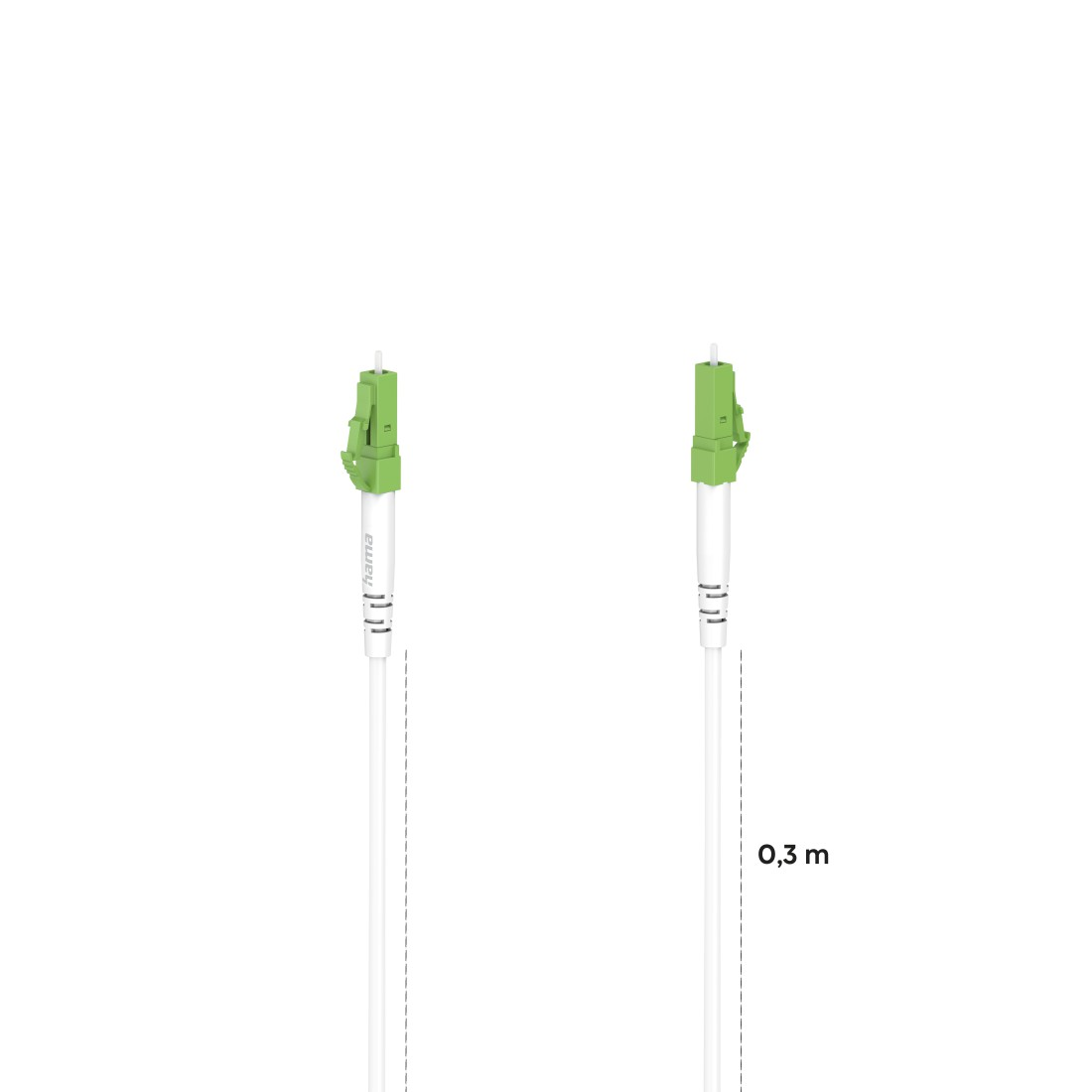 Zwei weiße Glasfaserkabel mit grünen Steckern. Die Kabel sind 0,3 m lang. Der Hintergrund ist weiß.