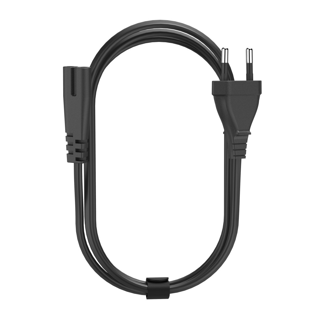 Ein schwarzes Stromkabel mit zwei Enden: ein Computer-Stromanschluss und ein zweipoliger Stecker. Das Kabel ist gebogen.