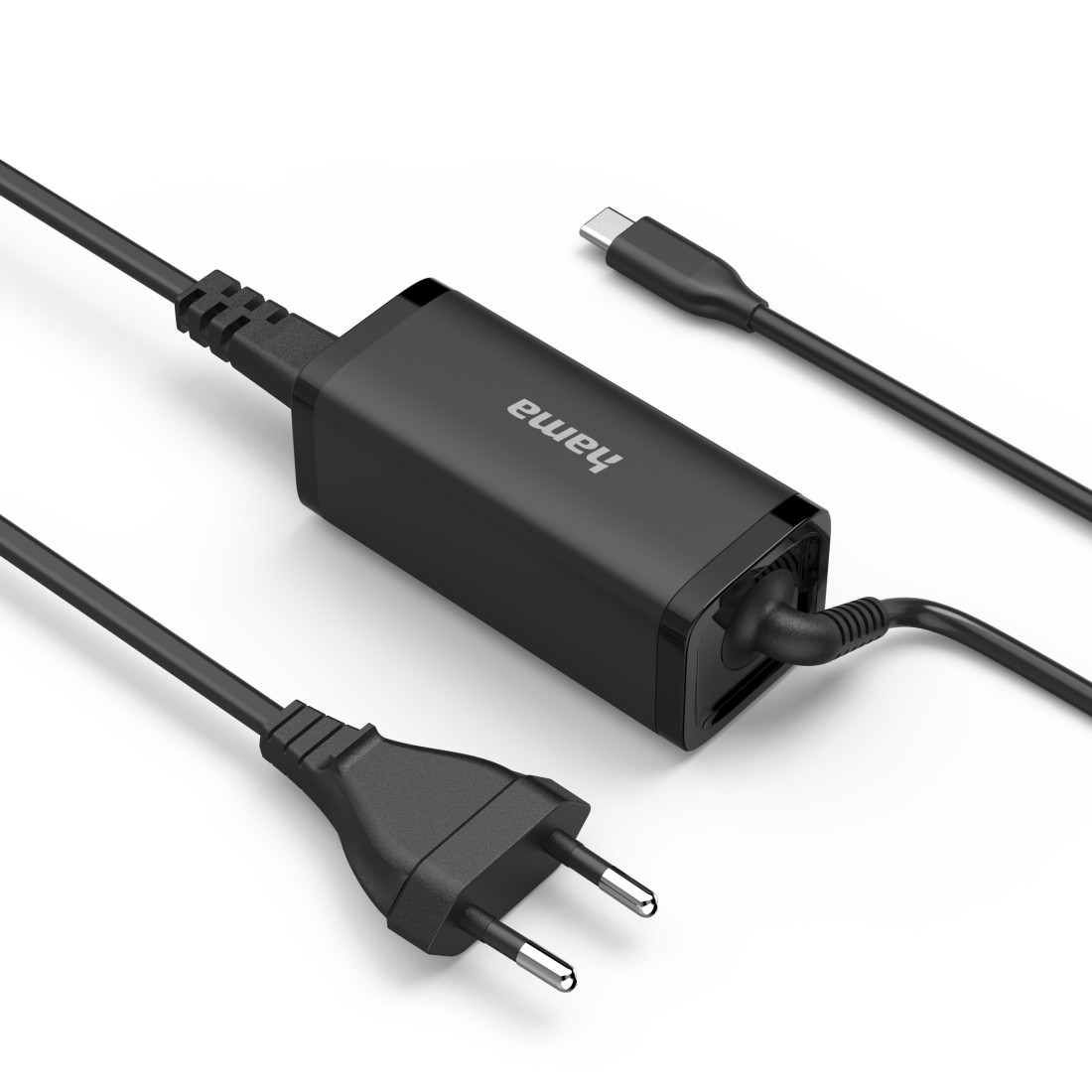 Ein schwarzes Hama-Ladegerät mit drei Kabeln: ein Netzstecker, ein USB-C-Kabel und ein Kabel am Ladegerät.