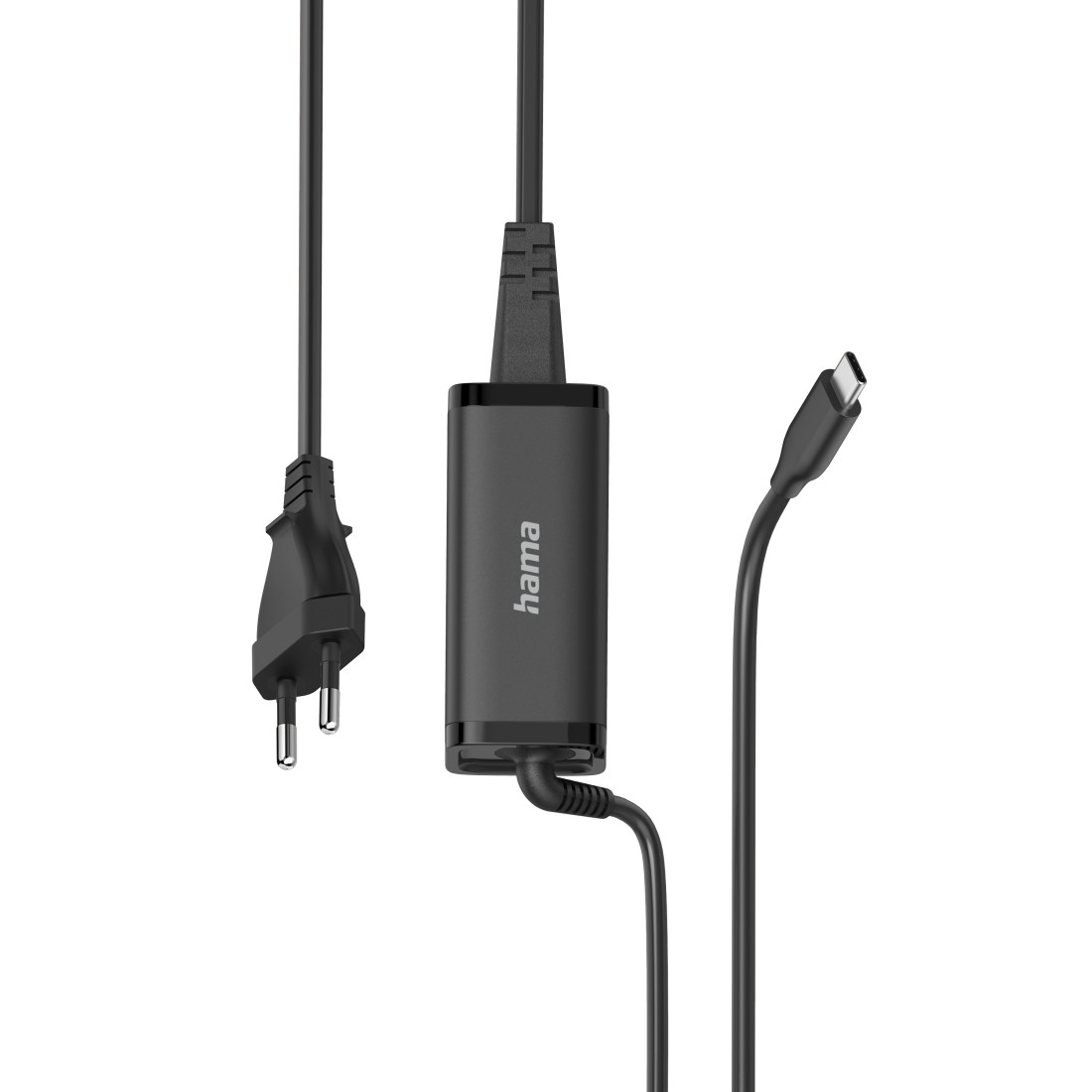 Ein schwarzer Hama-Netzadapter mit drei Kabeln: ein Stecker, ein USB-C-Kabel und ein Kabel, das mit dem Adapter verbunden ist.