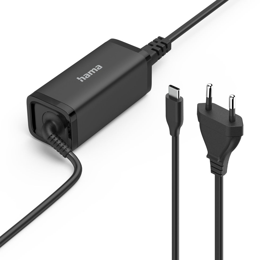 Ein schwarzes Hama-Netzteil mit USB-C-Kabel und Eurostecker, alles vor weißem Hintergrund.