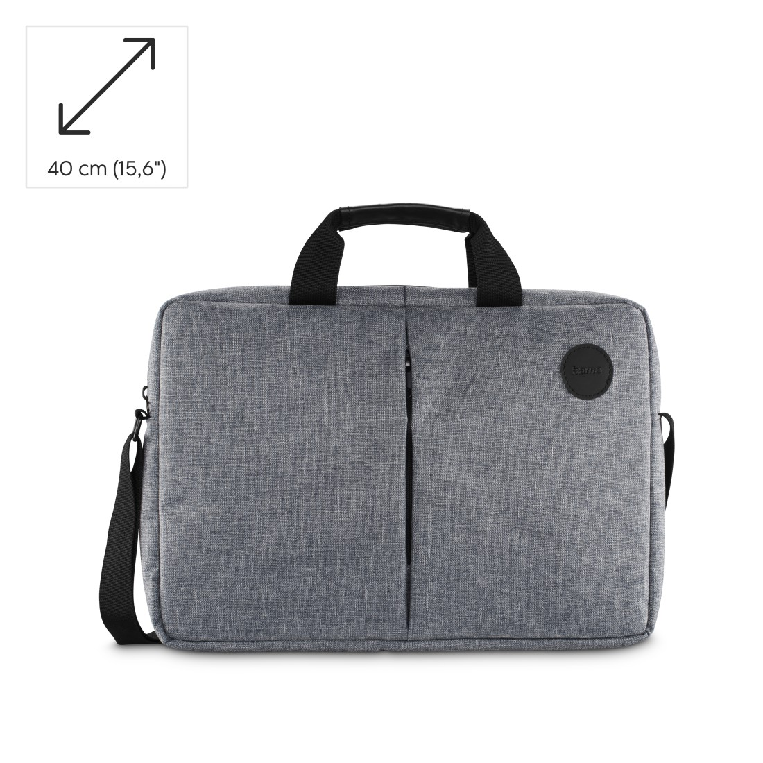 Graue Laptoptasche mit schwarzen Griffen und Riemen. Hat ein schwarzes Kreislogo und einen Reißverschluss. Eine Größenangabe befindet sich oben links.