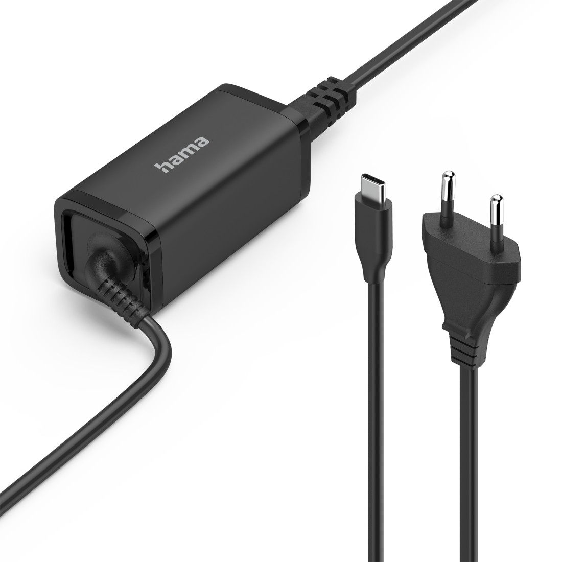 Schwarzes Hama-Ladegerät mit Kabeln und Steckern. Enthält ein USB-C-Kabel und einen Netzstecker.