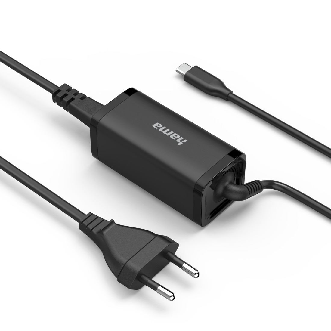 Ein schwarzes Hama-Netzteil mit drei angeschlossenen Kabeln: USB-C, Netzstecker und Kabel zum Adapter.
