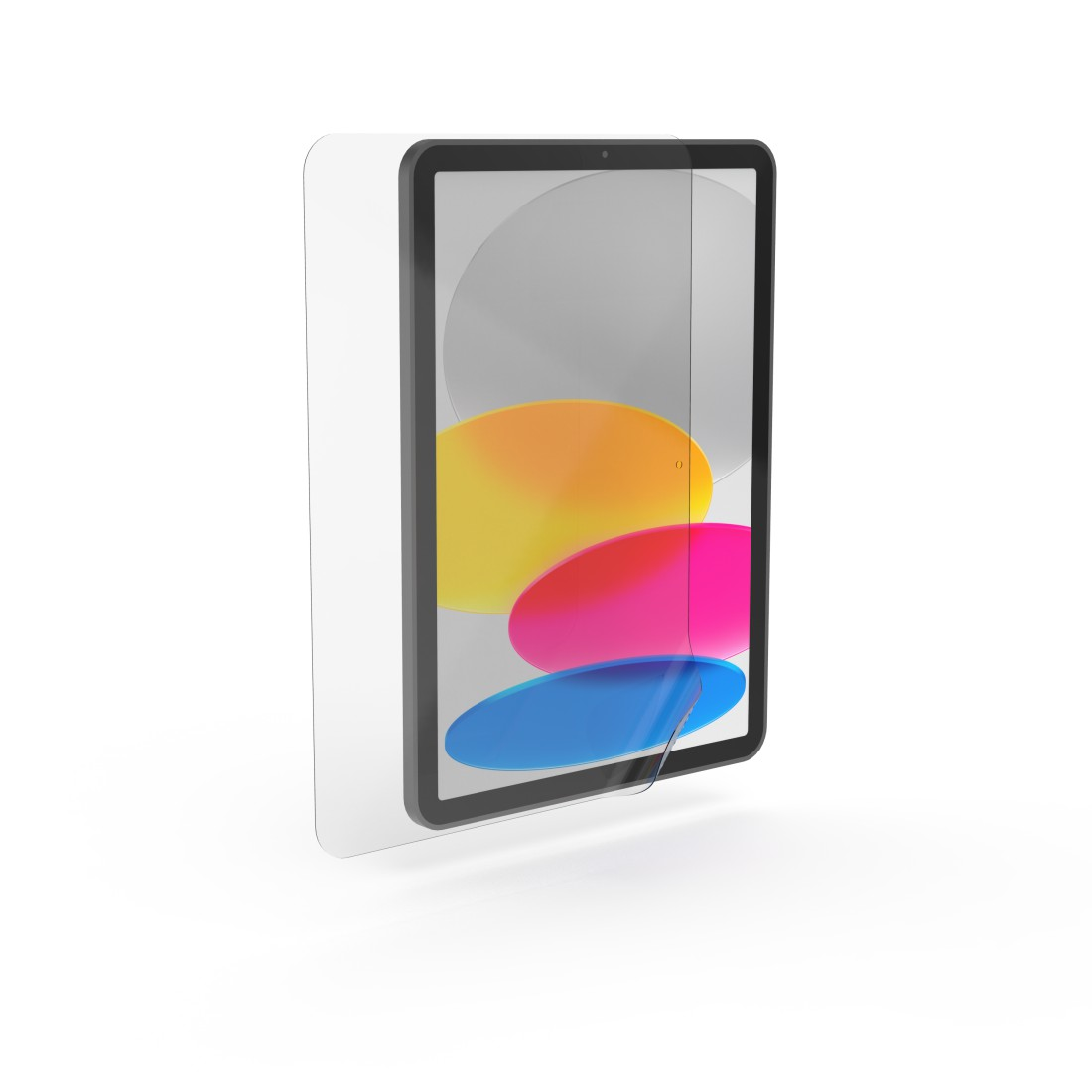 Ein iPad mit Displayschutzfolie. Der Bildschirm zeigt farbige Formen: Gelb, Rosa und Blau. Der Hintergrund ist weiß.