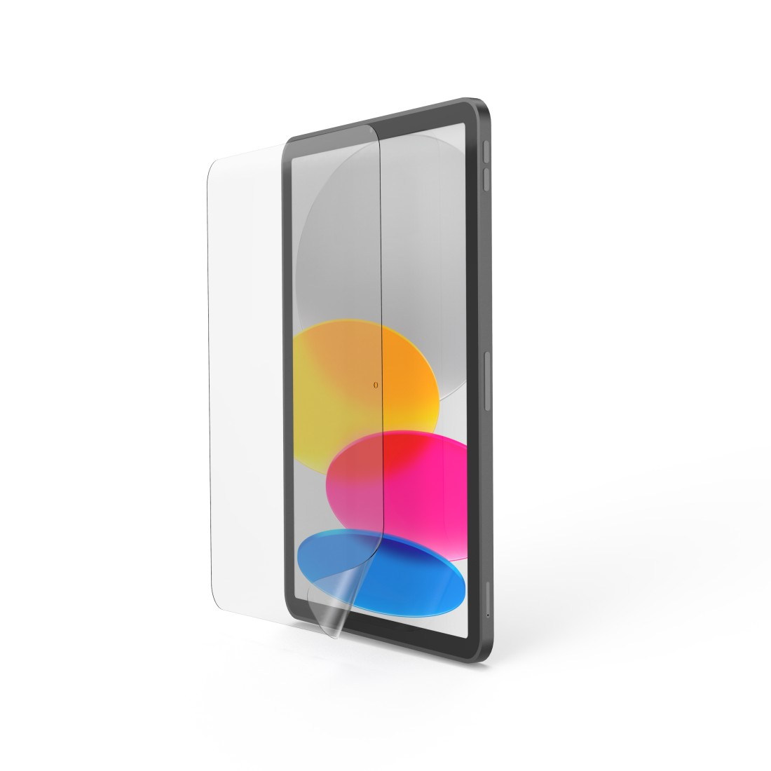 Ein Tablet mit Displayschutzfolie wird auf weißem Hintergrund gezeigt. Der Bildschirm zeigt bunte Formen.