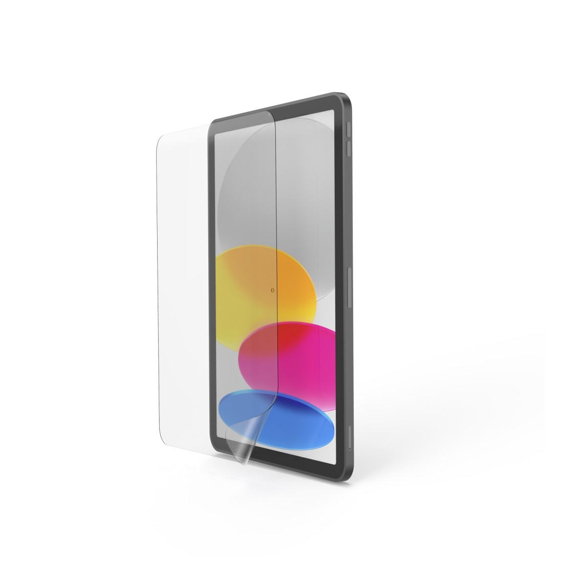 Ein iPad mit Displayschutzfolie. Der Bildschirm zeigt farbige Kreise. Der Schutz ist teilweise abgezogen.