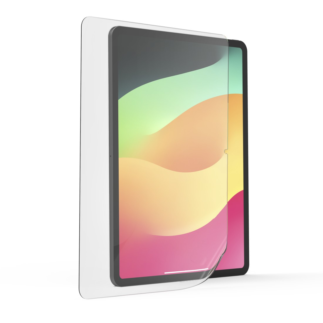 Ein Tablet mit angebrachter Displayschutzfolie. Der Bildschirm zeigt ein farbenfrohes, abstraktes Hintergrundbild. Der Schutz ist teilweise abgezogen.