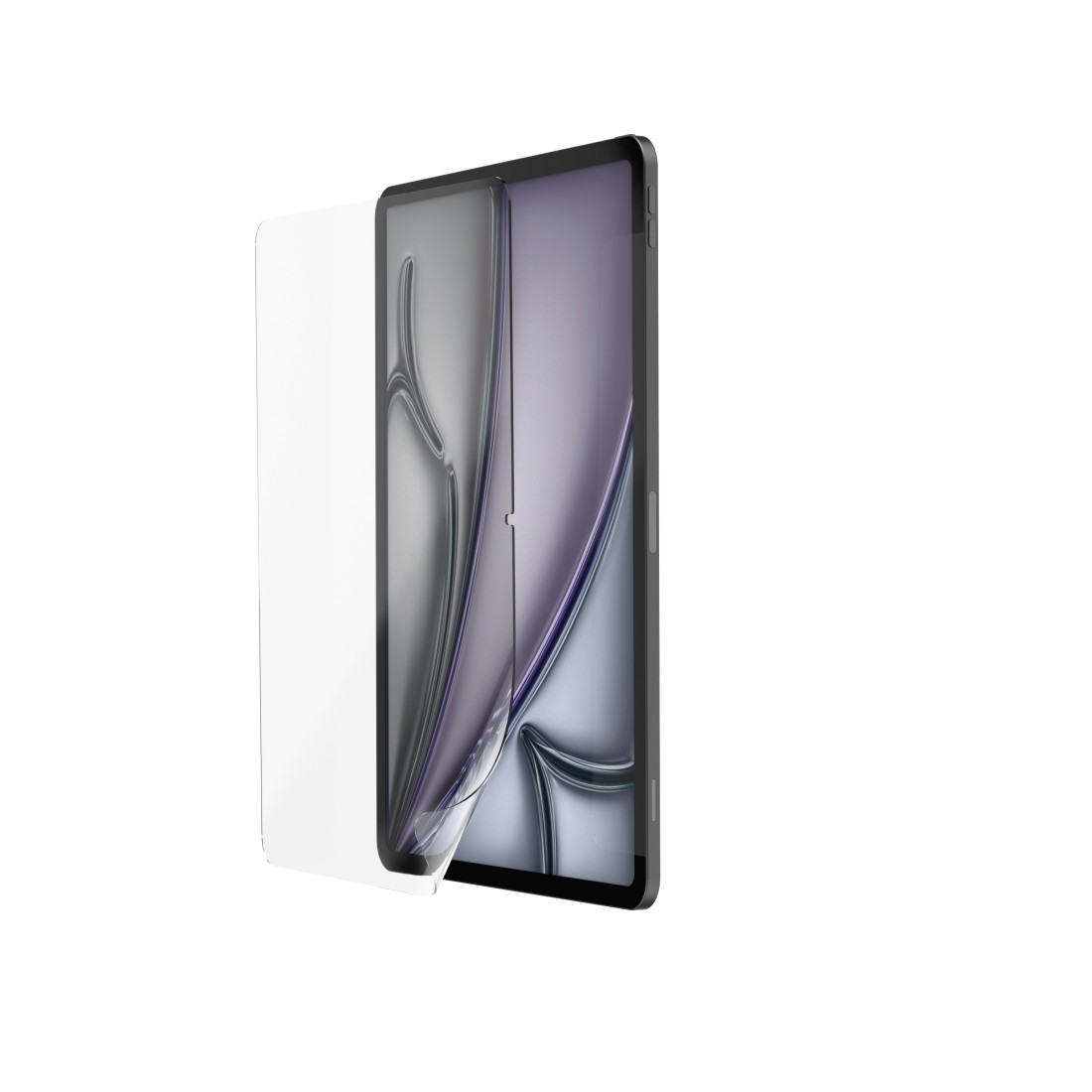 Ein Tablet, auf das eine Displayschutzfolie aufgebracht wird. Das Tablet ist schwarz, der Schutz ist klar. Weißer Hintergrund.