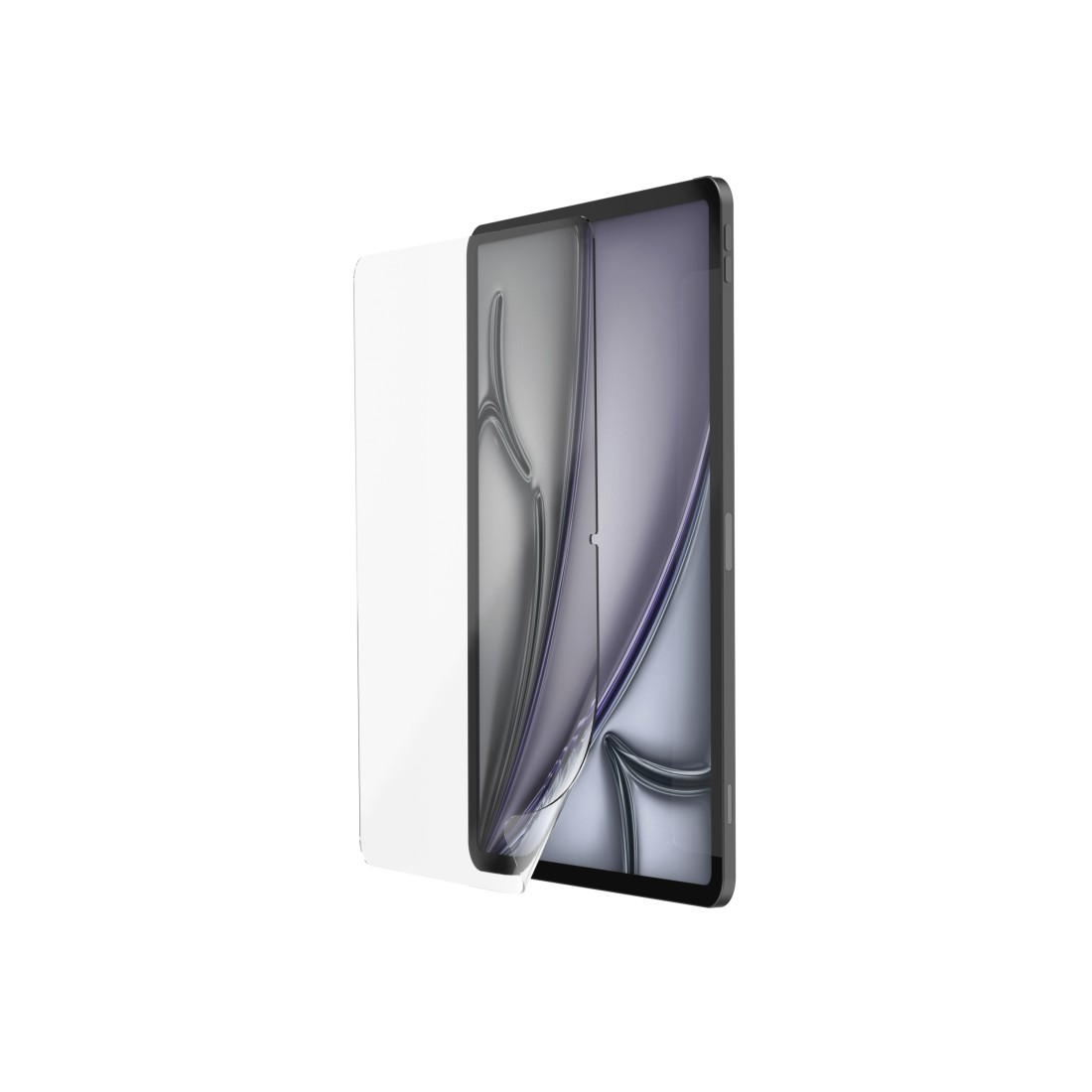 Tablet mit Displayschutzfolie. Der Schutz ist teilweise angebracht. Der Bildschirm zeigt abstrakte, fließende Formen in Silber und Lila.