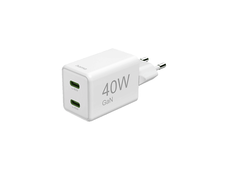 HAMA 125146 SUPER-MINI-LADER, GAN, 2XUSB-C, 40W Super Mini-Ladegerät Universal, Weiß