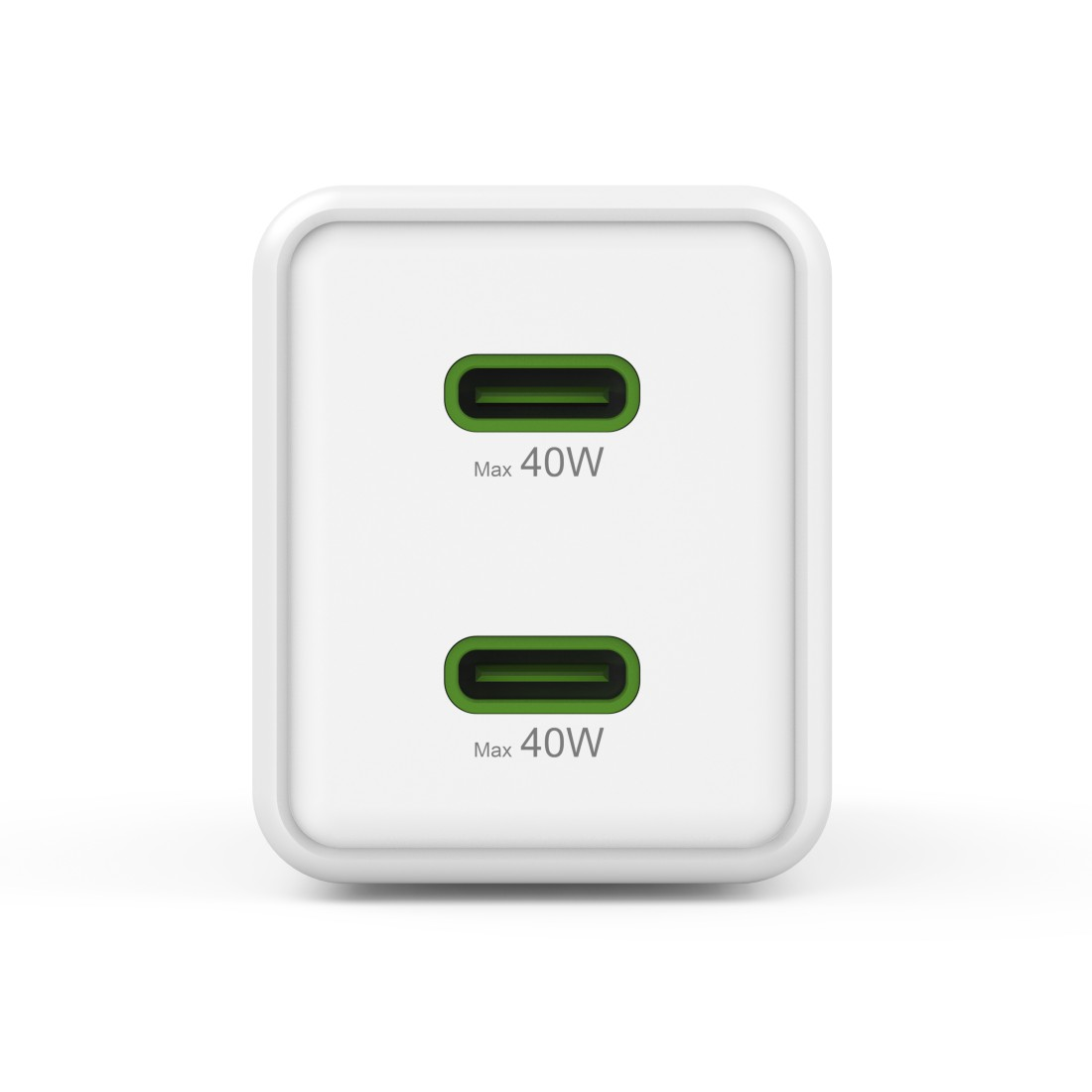 Weißes Ladegerät mit zwei grünen USB-C-Anschlüssen. Jeder Anschluss hat den Text "Max 40W". Abgerundete Kanten mit modernem Design.