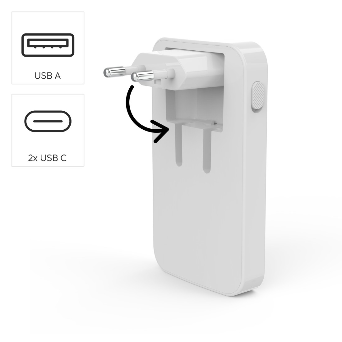 Weißes USB-Ladegerät mit USB-A- und 2x USB-C-Anschlüssen. Europäischer Stecker ist offen, mit Pfeil zum Zusammenklappen.