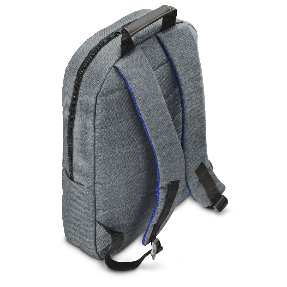 Ein grauer Rucksack mit blauen Zierleisten wird auf weißem Hintergrund gezeigt. Er hat einen schwarzen Griff und Schultergurte sowie einen schwarzen Reißverschluss.