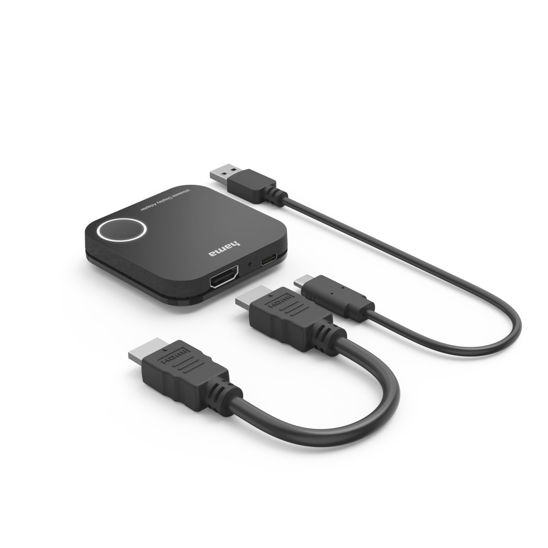Schwarzer Hama Wireless Display Adapter mit HDMI-Kabeln und USB-Kabeln auf weißem Untergrund. Der Adapter hat einen Kreis oben.