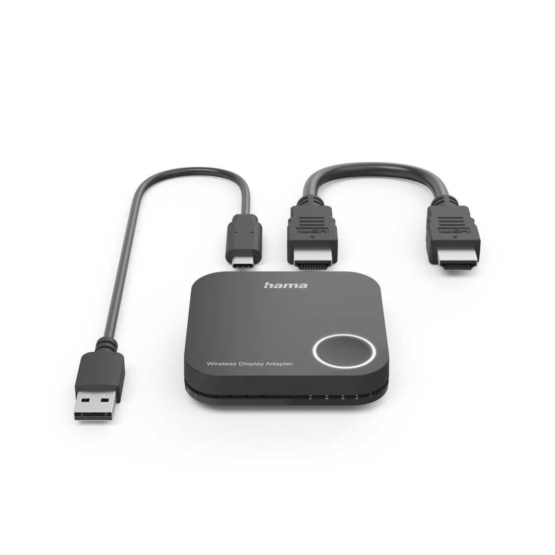 Ein schwarzer Hama Wireless-Display-Adapter mit angeschlossenen USB-, USB-C- und HDMI-Kabeln auf weißem Untergrund.