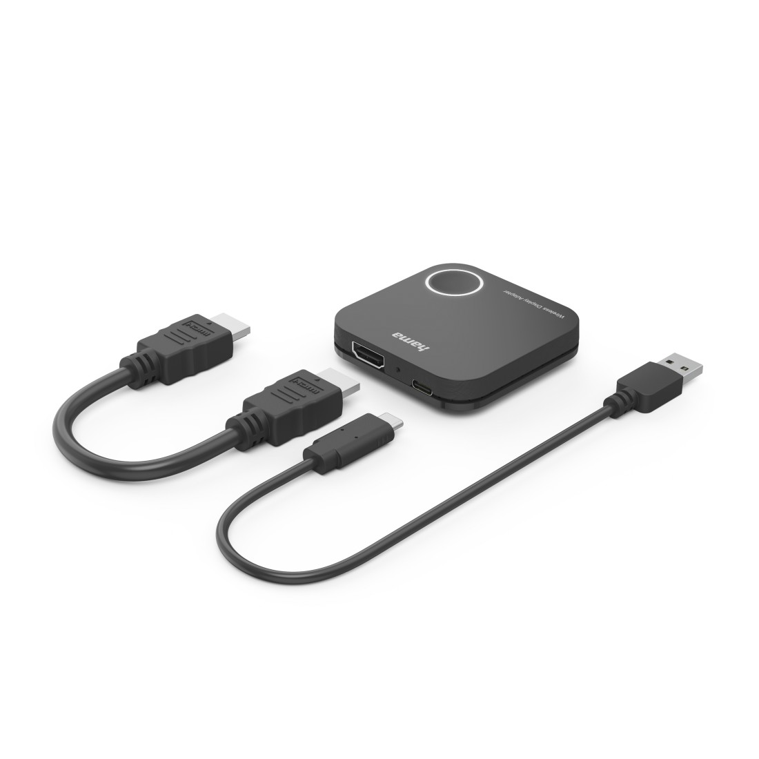 Ein schwarzer Hama Wireless-Display-Adapter mit angeschlossenen HDMI-, USB-C- und USB-Kabeln auf weißem Untergrund.