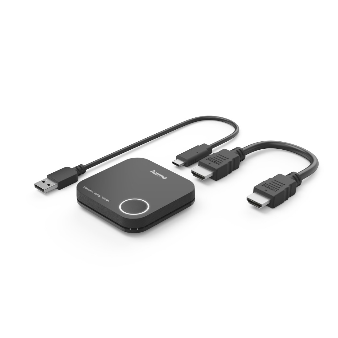 Ein schwarzer Hama Wireless Display Adapter mit USB-A-, USB-C- und HDMI-Kabeln auf weißem Untergrund. Der Adapter hat einen Kreis.