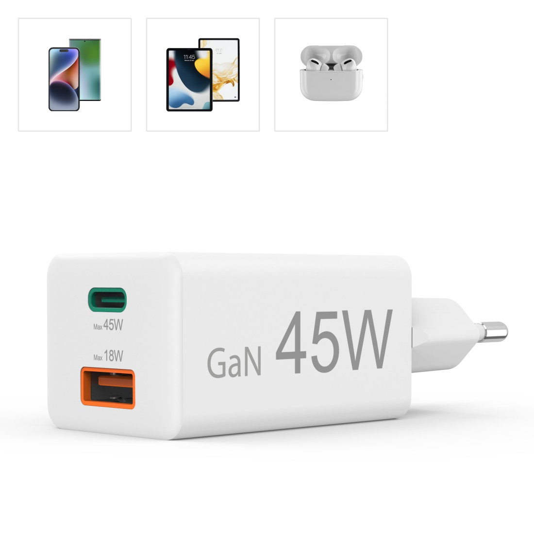 Weißes Ladegerät mit Text 'GaN 45W' und Anschlüssen. Oben sind Telefon, Tablet und Ohrhörer zu sehen.