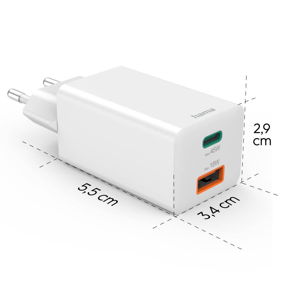 Weißes Hama USB-Ladegerät mit Maßen. Hat zwei Anschlüsse, grün 45W und orange 18W. Stecker links.