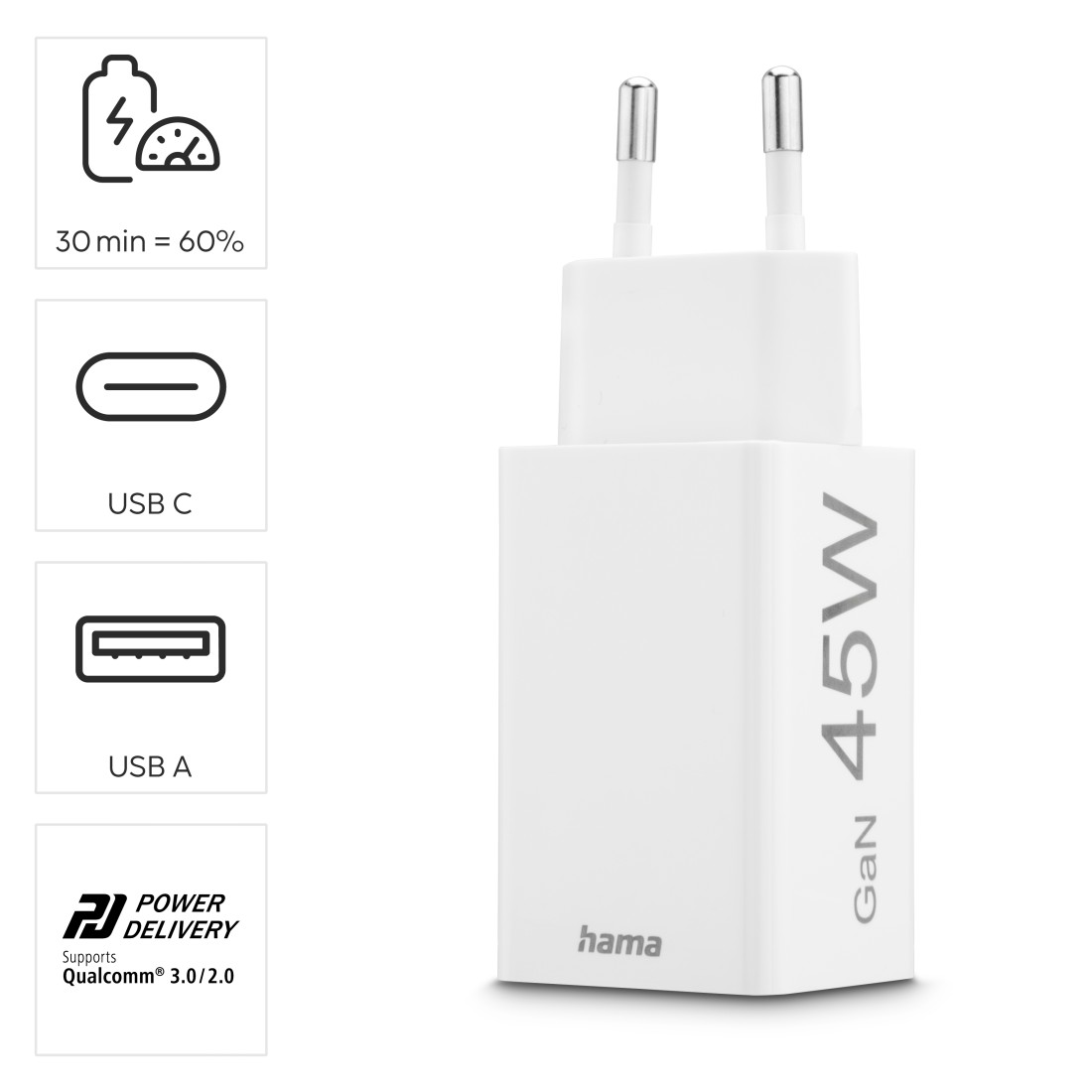 Ein weißes Hama 45W USB-Ladegerät mit zwei Stiften. Verfügt über USB-C- und USB-A-Anschlüsse. Inklusive Power Delivery Logo und Ladeinformationen.