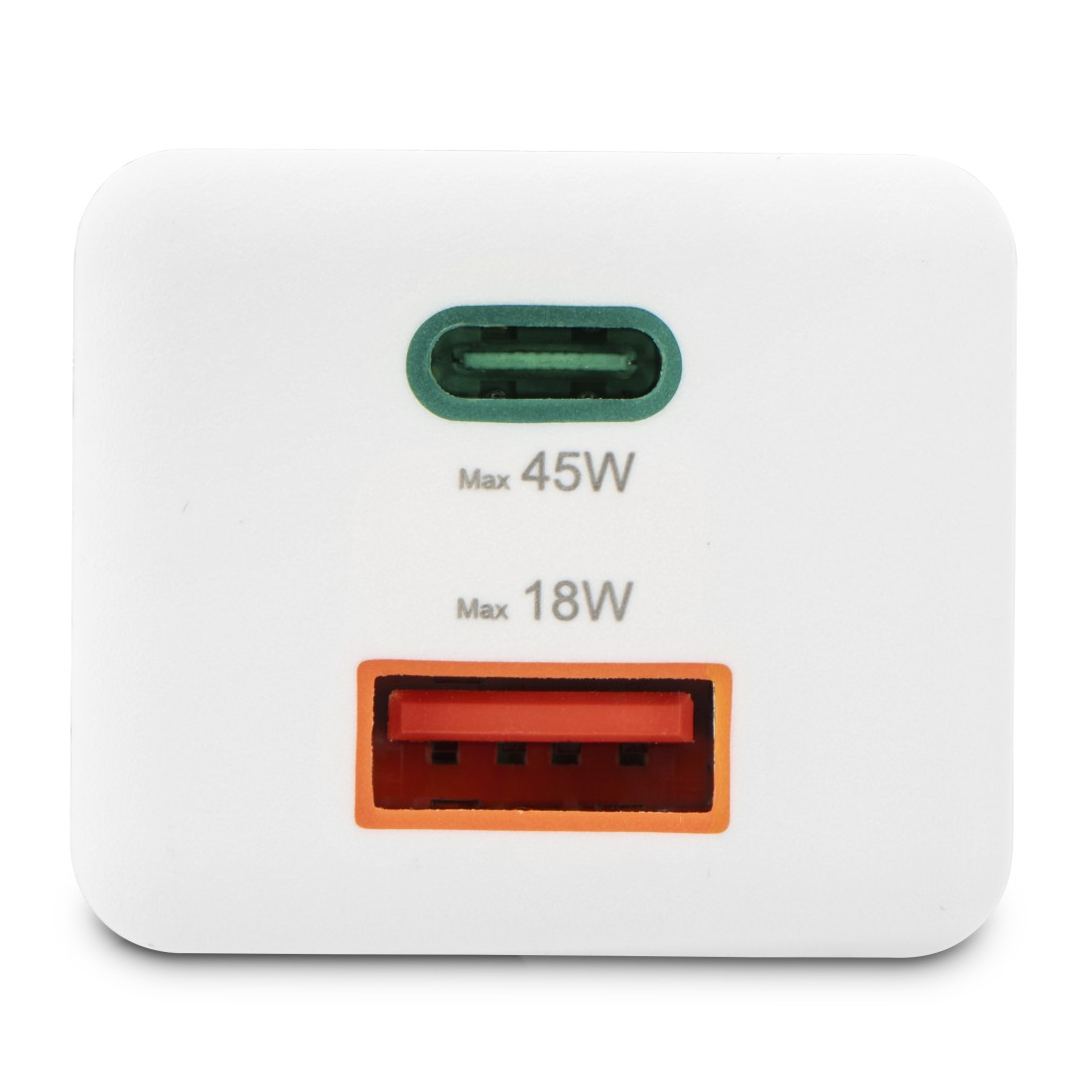 Ein weißes Ladegerät mit zwei Anschlüssen: einem grünen (45W), einem orangefarbenen (18W), beides sind USB-Anschlüsse.